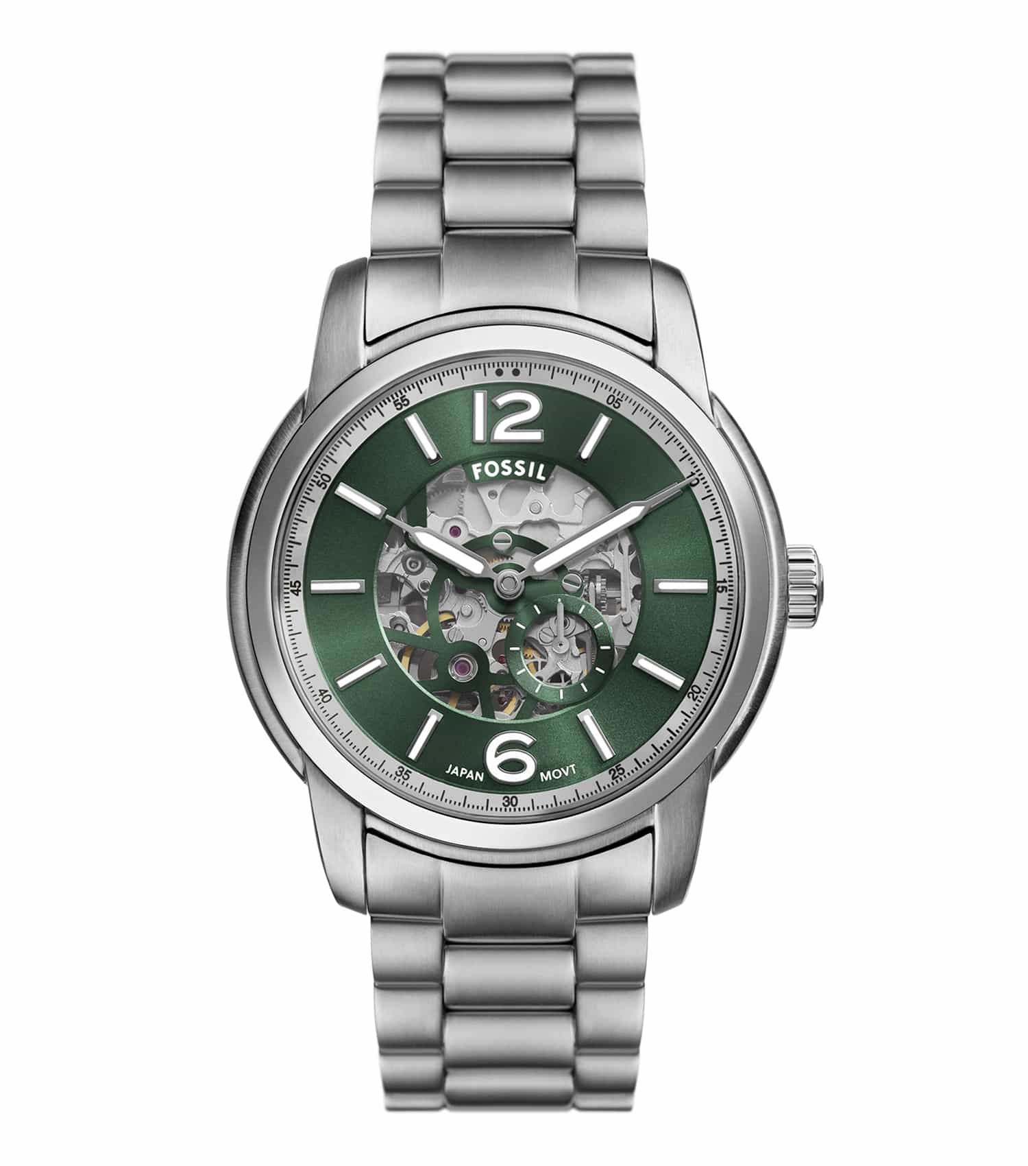 Fossil watch in monochrome finish with brown leather strap, side angle showcasing the minimalist dial and sleek design.