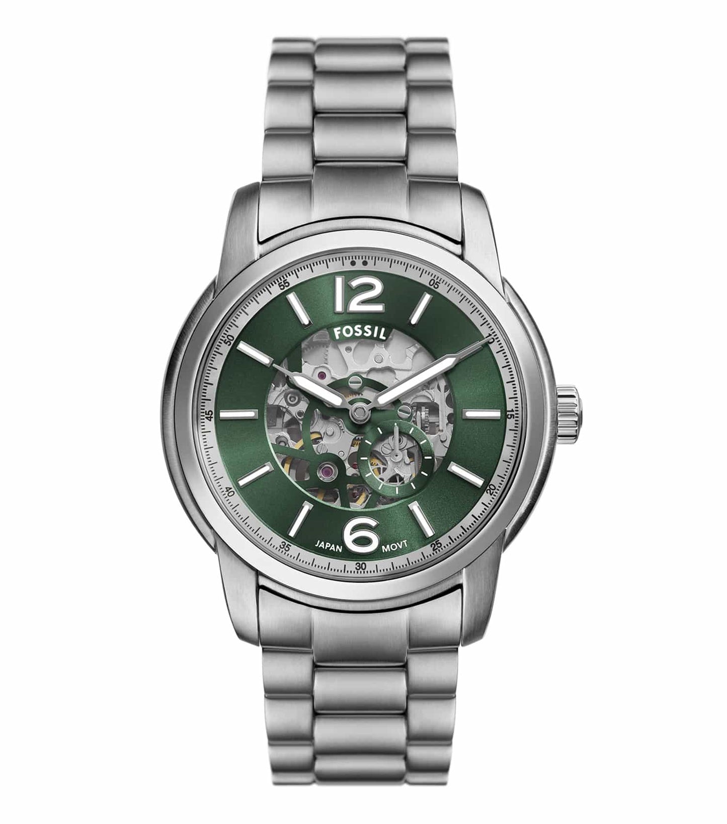 Fossil watch in monochrome finish with brown leather strap, side angle showcasing the minimalist dial and sleek design.