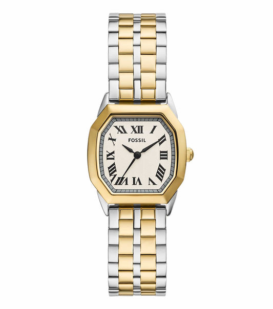 Fossil wristwatch with a sleek silver case and bracelet band, showcased in an angled side view, highlighting its timeless design.