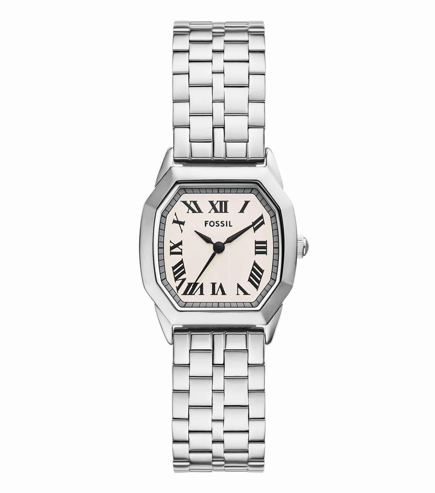 Elegant Fossil quartz watch in chic design and neutral color, frontal angle with minimalist aesthetics and subtle details.