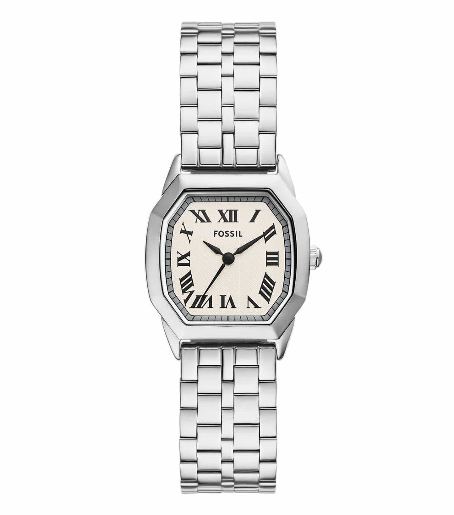 Elegant Fossil quartz watch in chic design and neutral color, frontal angle with minimalist aesthetics and subtle details.