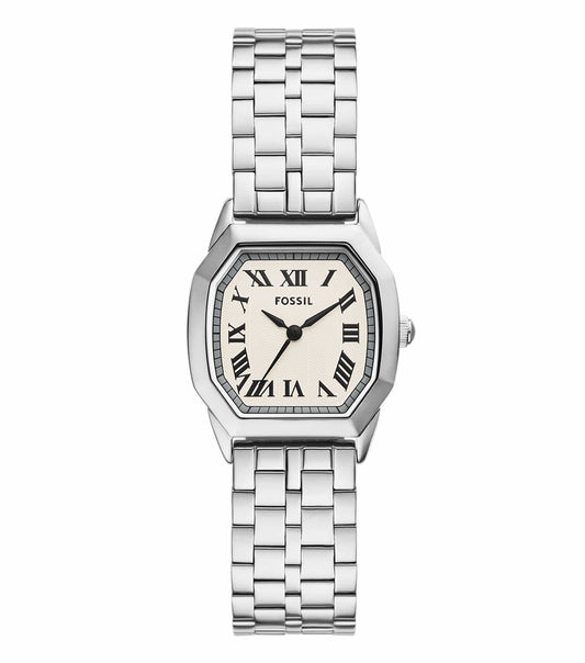 Elegant Fossil quartz watch in chic design and neutral color, frontal angle with minimalist aesthetics and subtle details.