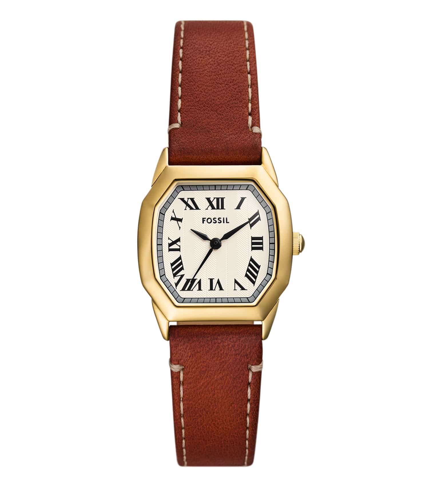Fossil watch with a navy blue dial and silver stainless-steel bracelet, side view showcasing modern elegance and craftsmanship.