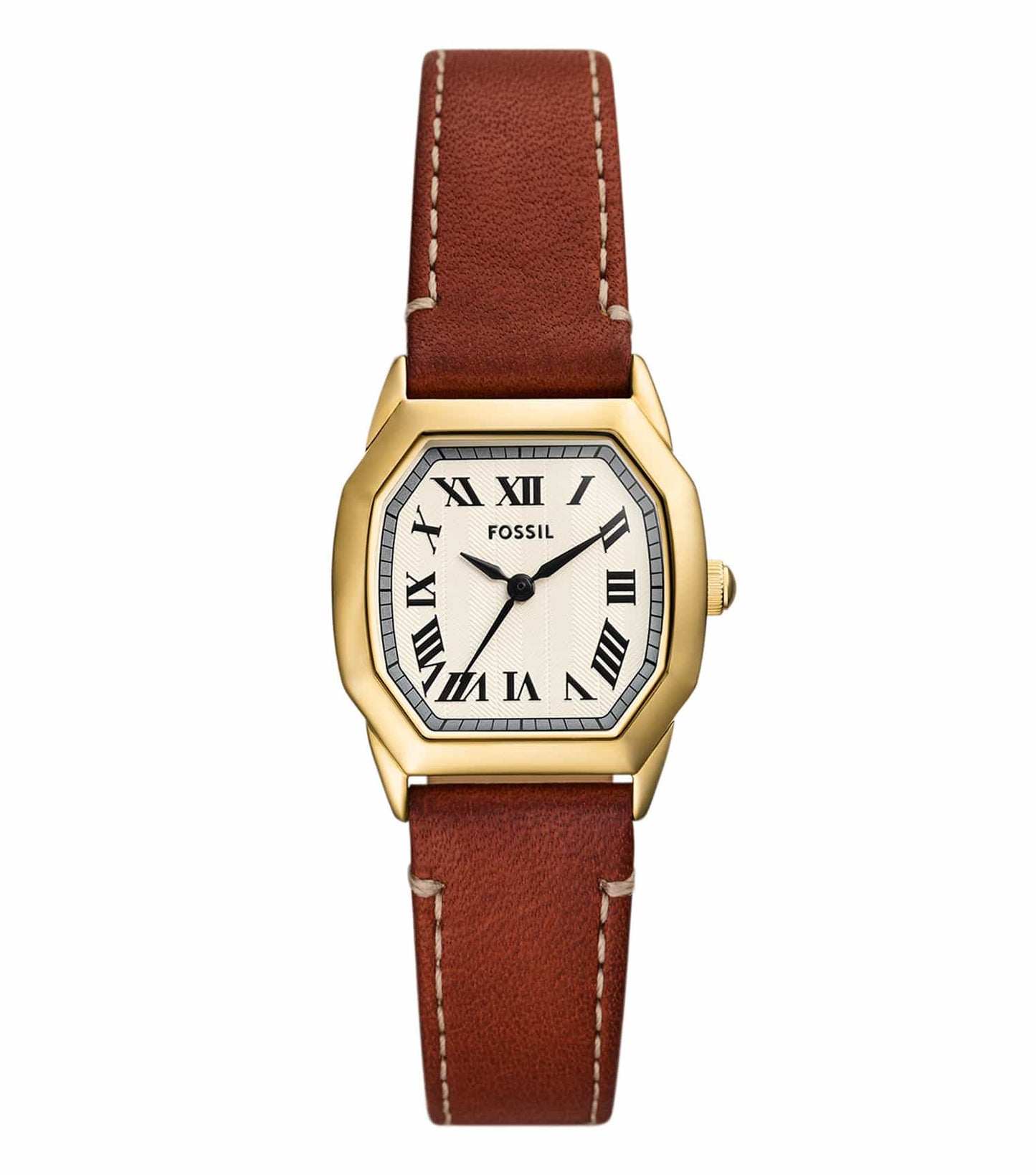 Fossil watch with a navy blue dial and silver stainless-steel bracelet, side view showcasing modern elegance and craftsmanship.