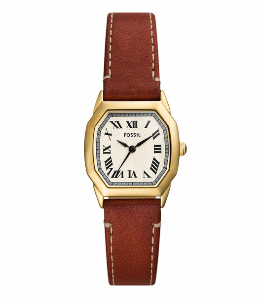Fossil watch with a navy blue dial and silver stainless-steel bracelet, side view showcasing modern elegance and craftsmanship.