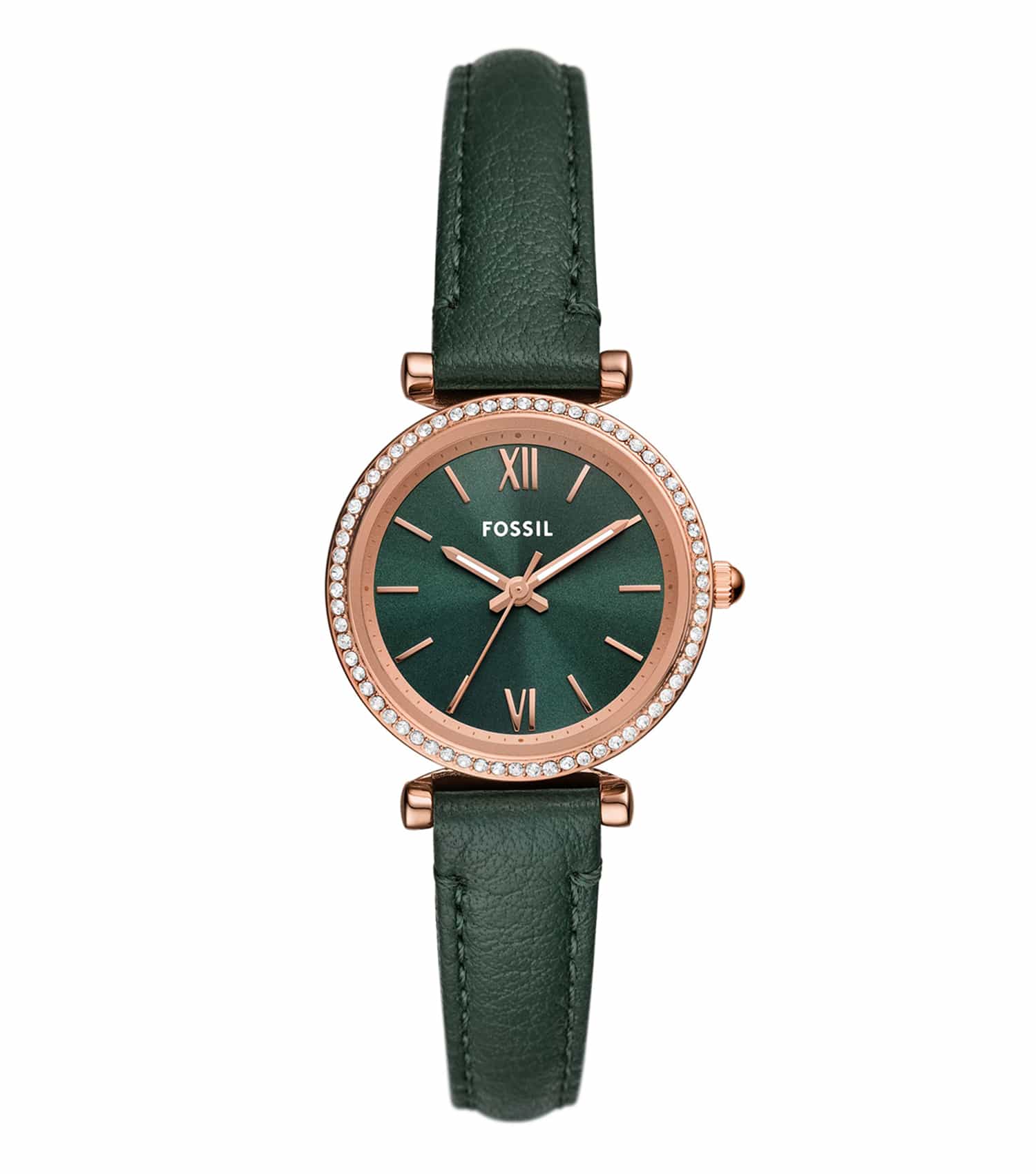 Fossil women's watch in gold-tone with a minimalist design, featuring a round dial, side angle view, elegant and timeless style.
