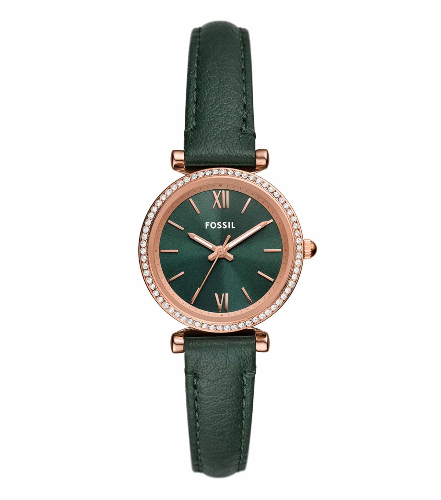 Fossil women's watch in gold-tone with a minimalist design, featuring a round dial, side angle view, elegant and timeless style.