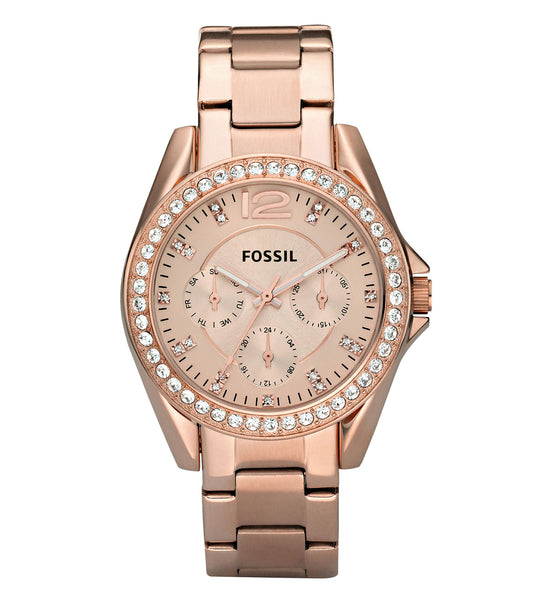 Elegant Fossil watch with a quartz beige band, round face, and top-down angle showcasing its timeless design and sophistication.