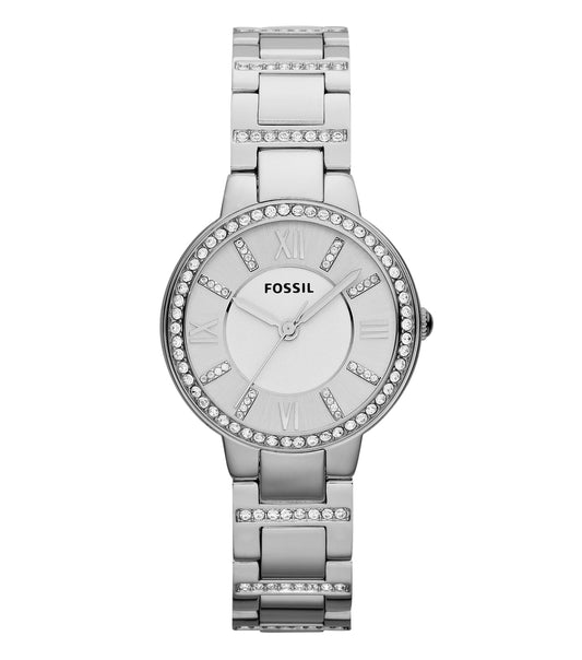 Fossil watch in Virginia color, angled for a front view showcasing its elegant face and classic design, reflecting timeless style.
