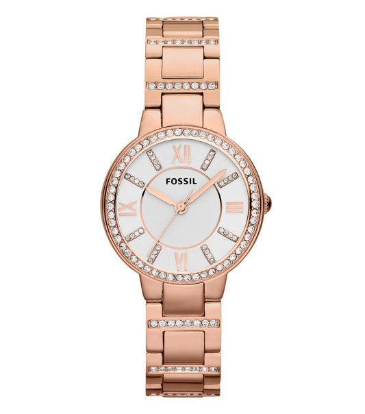 Top-down view of Fossil watch with elegant brown leather strap and rose gold stainless steel finish, showcasing timeless design.