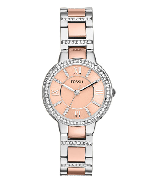 Fossil watch in Virginia color, featuring a classic round face with a light brown leather strap, side angle view showcasing elegant design.