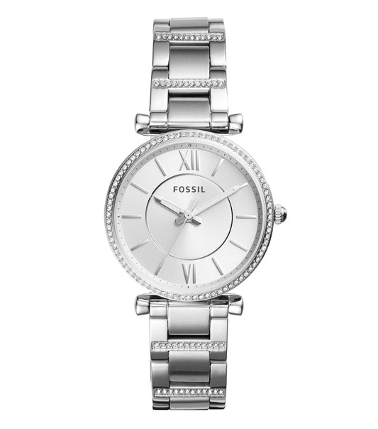 Fossil women's watch with a sleek black leather strap and stainless steel case, showcased at an elegant side angle.