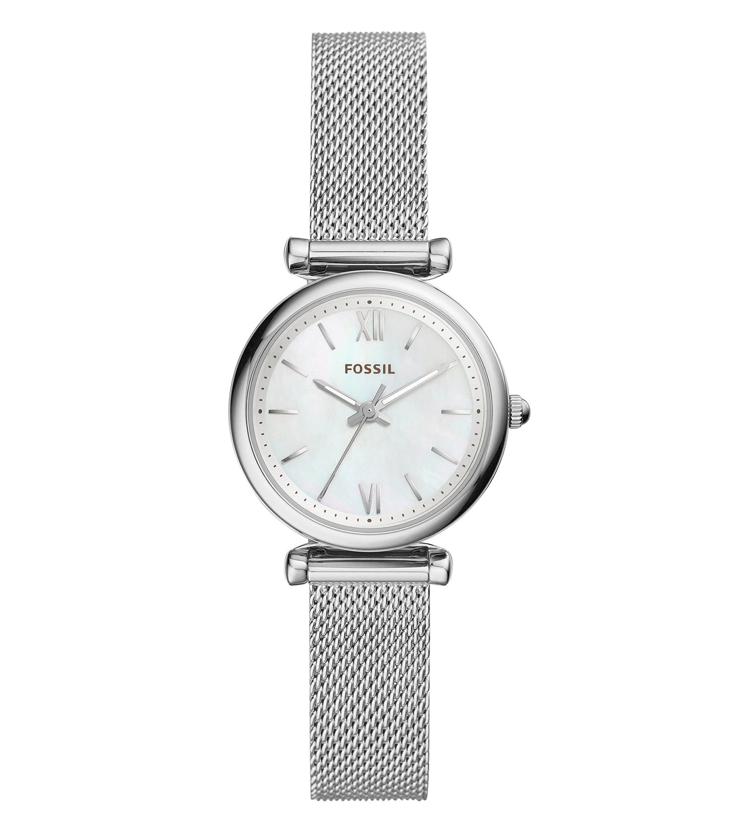 Fossil watch in sleek N/A color, showcasing a silver minimalist design, angled from the front, capturing its timeless elegance.
