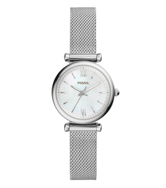 Fossil watch in sleek N/A color, showcasing a silver minimalist design, angled from the front, capturing its timeless elegance.