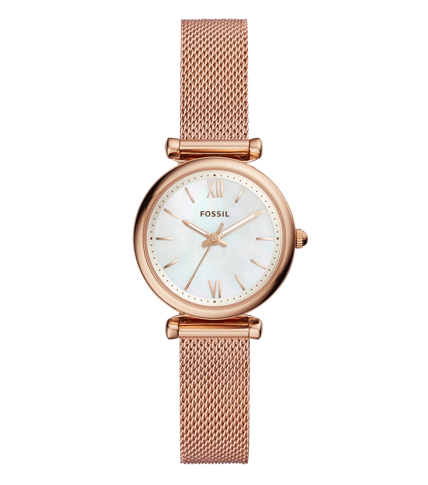 Fossil Quartz Watch in Rose Gold, angled left, showcasing sleek design and detailed craftsmanship, a testament to timeless elegance.