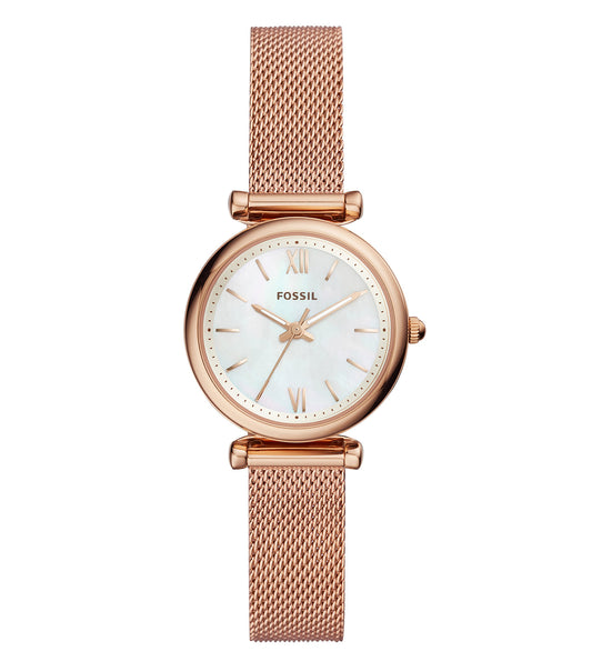 Fossil Quartz Watch in Rose Gold, angled left, showcasing sleek design and detailed craftsmanship, a testament to timeless elegance.