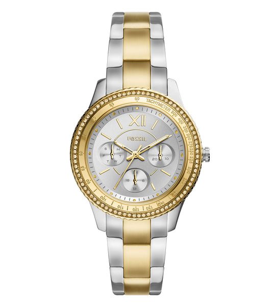 Fossil Stella watch in rose gold, front angle, featuring a sleek round dial, minimalist design, and elegant chain-link strap.