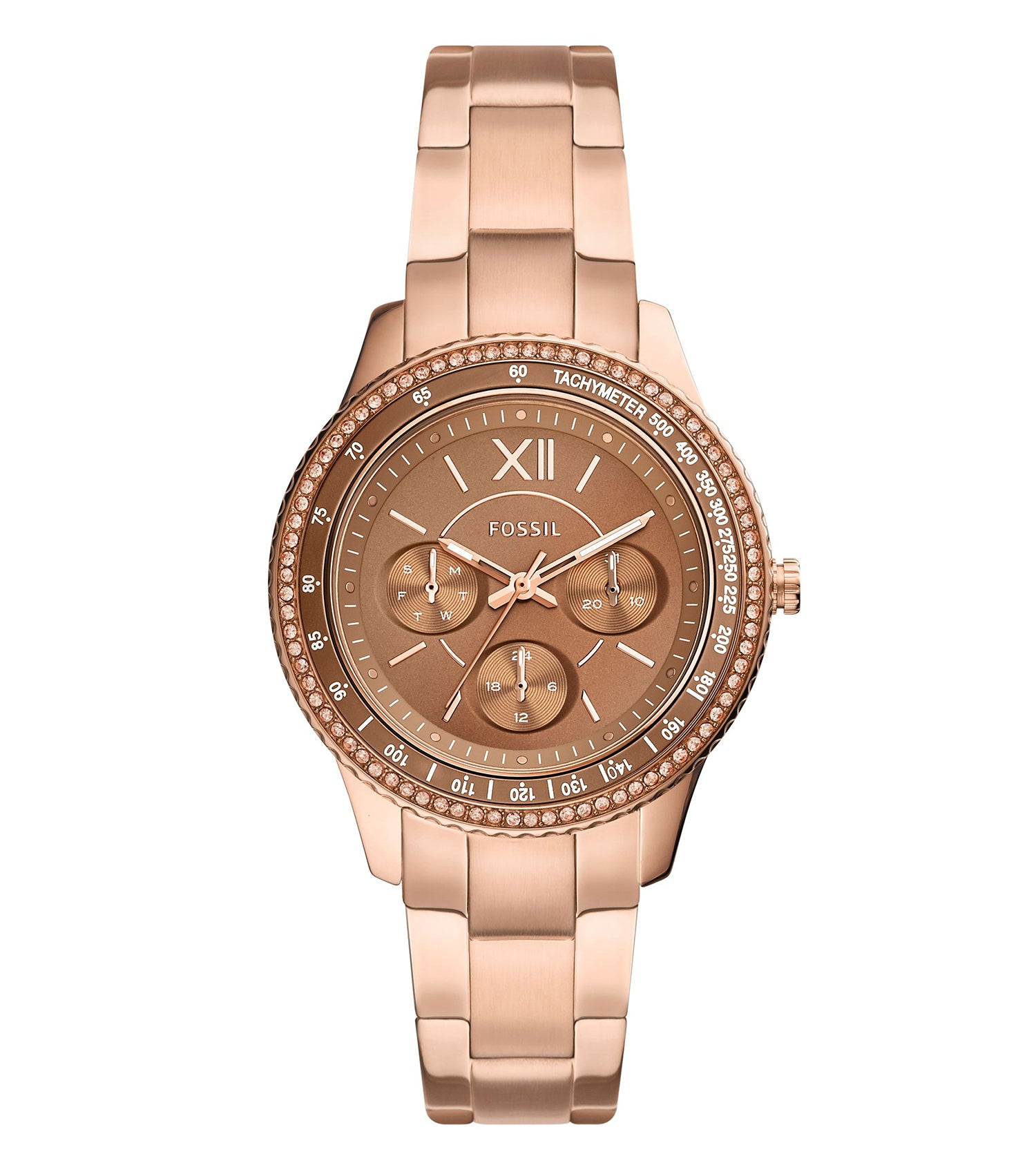 Fossil quartz watch in rose gold, featuring a round face with white dial, side angle view showcasing its classic design.