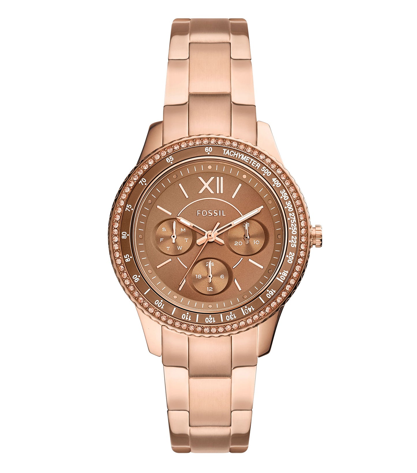 Fossil quartz watch in rose gold, featuring a round face with white dial, side angle view showcasing its classic design.