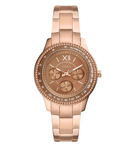 Fossil quartz watch in rose gold, featuring a round face with white dial, side angle view showcasing its classic design.