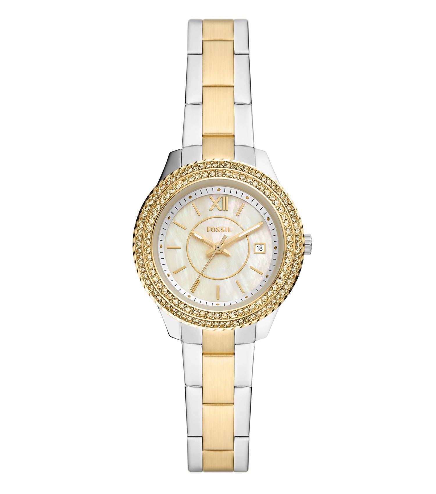 Fossil Quartz watch with sleek gold tone, viewed from above, showcasing a minimalist design and stainless steel mesh strap.