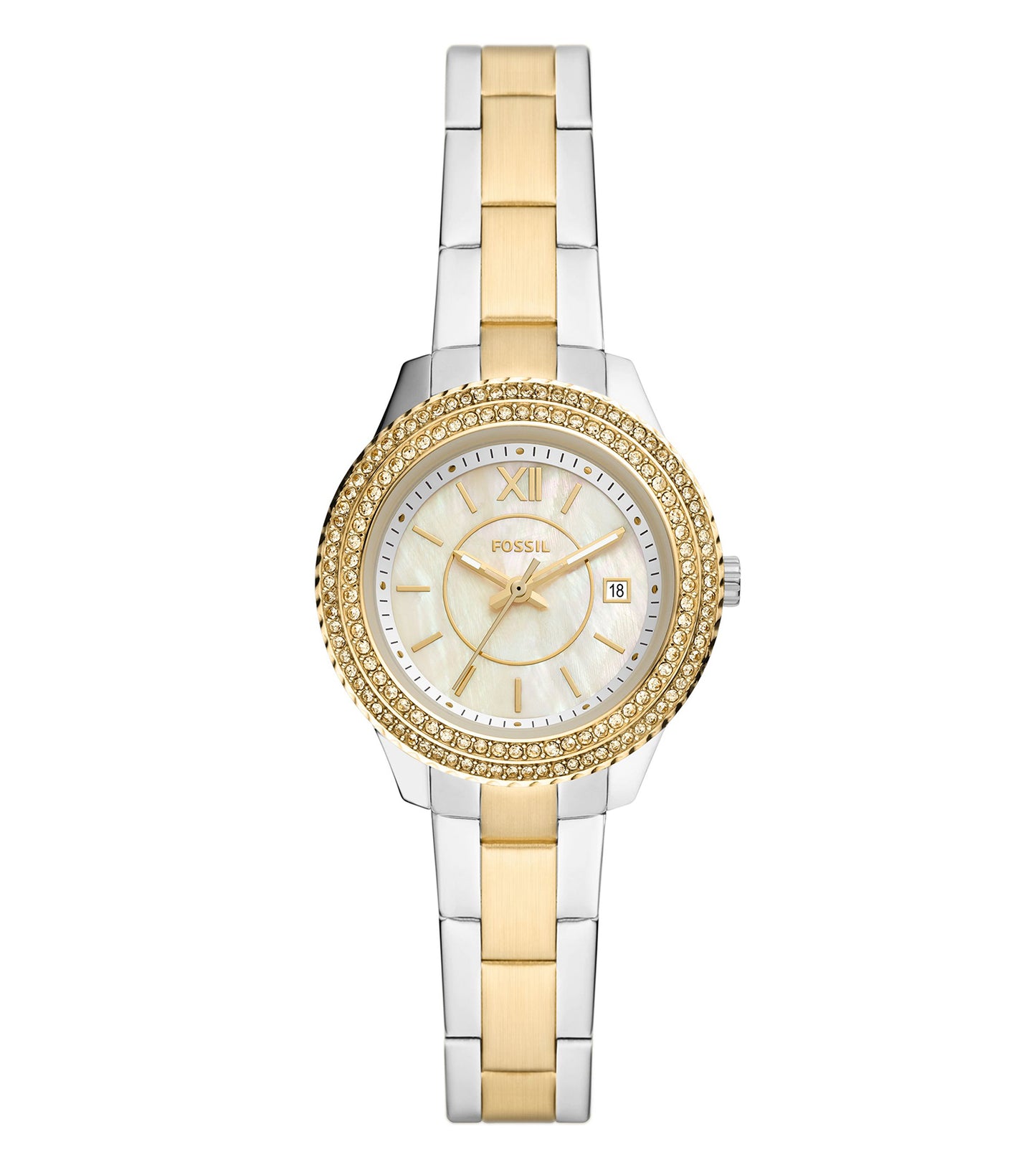 Fossil Quartz watch with sleek gold tone, viewed from above, showcasing a minimalist design and stainless steel mesh strap.