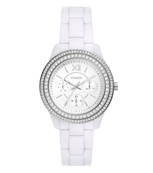 Fossil Quartz watch, elegant side-angle view, showcasing metallic strap and minimalist dial design against a soft white background.