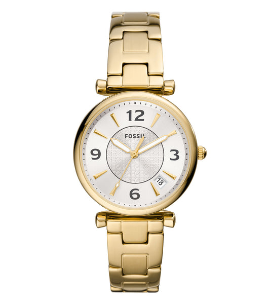 Fossil watch with quartz color strap, elegant face design, and side angle showcasing sleek craftsmanship and details.