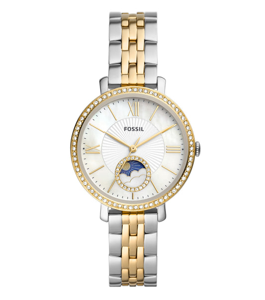 Sleek Fossil watch facing forward showcasing its minimalist design with elegant nude-tone strap and round dial, perfect for style enthusiasts.