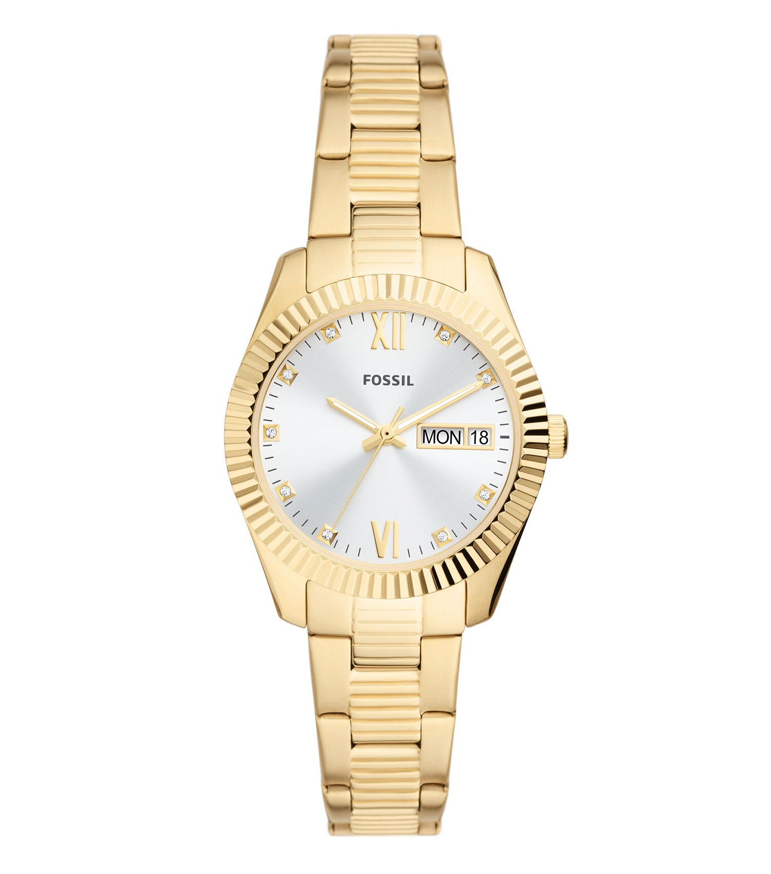 Fossil Scarlette watch with a rose gold tone, stainless steel bracelet, elegant round face, angled view of the stylish dial.