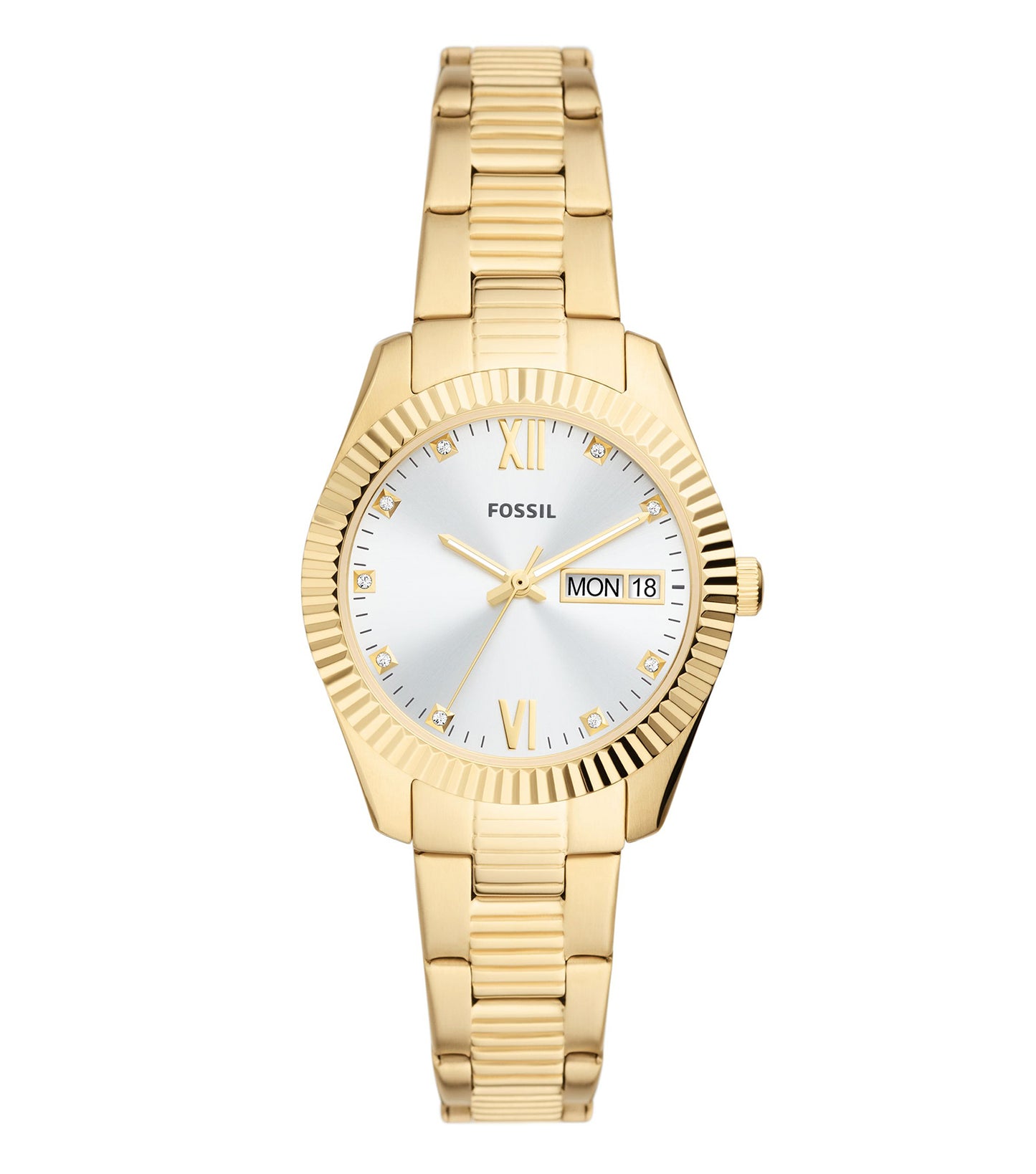 Fossil Scarlette watch with a rose gold tone, stainless steel bracelet, elegant round face, angled view of the stylish dial.