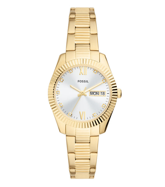 Fossil Scarlette watch with a rose gold tone, stainless steel bracelet, elegant round face, angled view of the stylish dial.