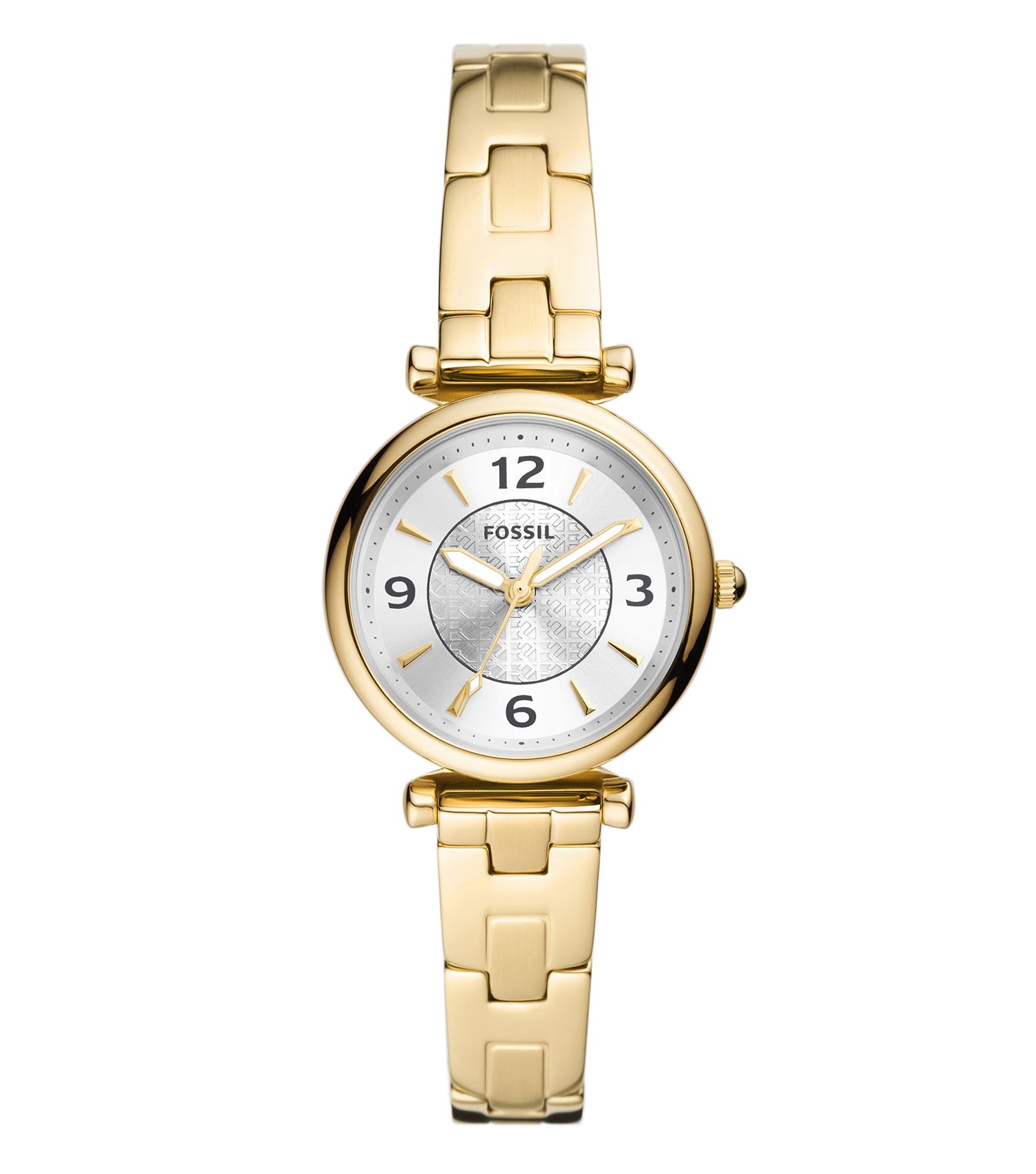 Fossil watch with a unique monochrome design, showcasing the sleek dial and strap from an overhead angle, embodying timeless elegance.