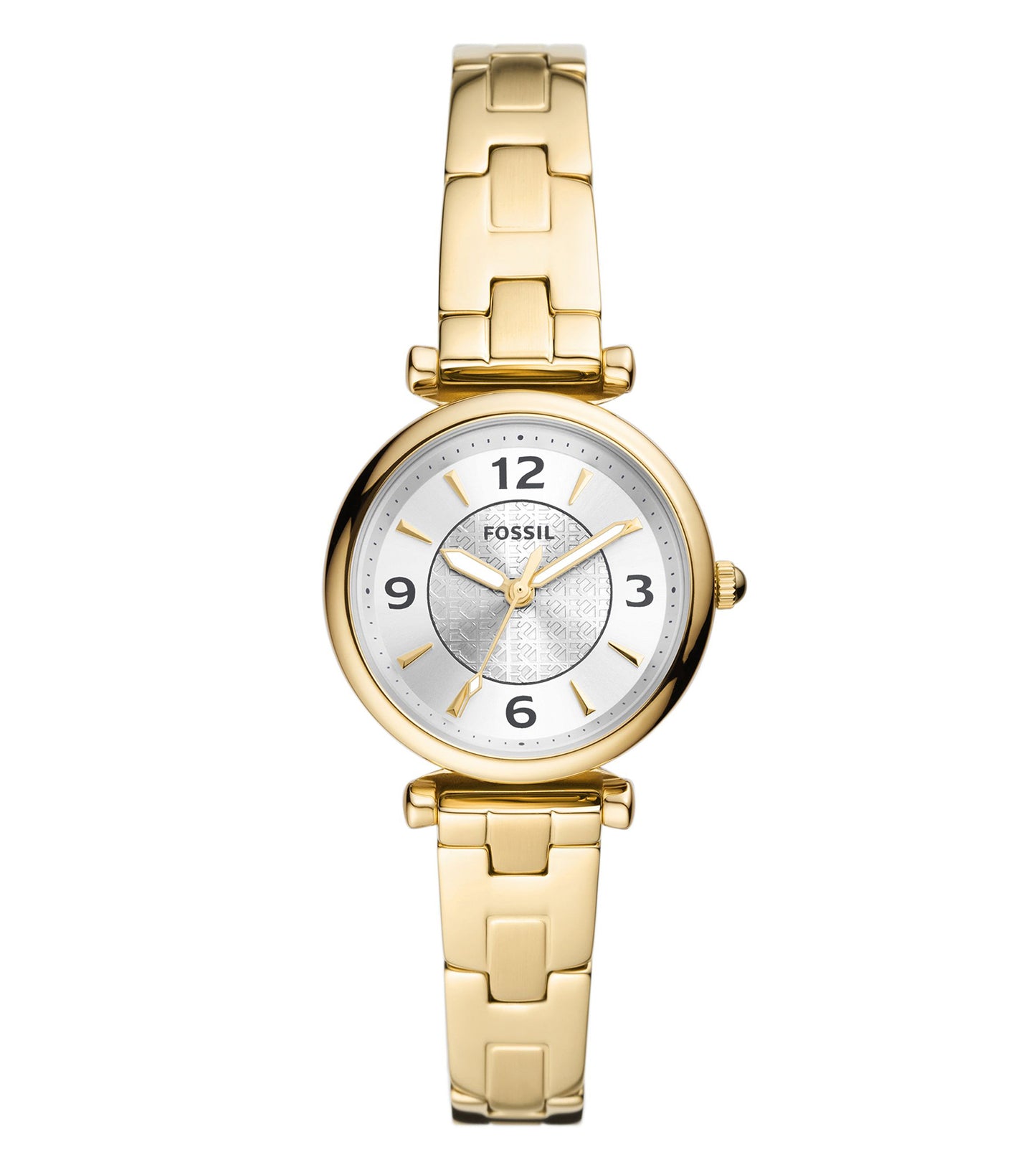 Fossil watch with a unique monochrome design, showcasing the sleek dial and strap from an overhead angle, embodying timeless elegance.
