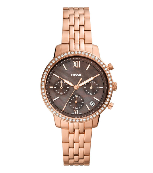 Fossil watch, elegant none color, showcased at a 36-degree angle, featuring a minimalist design and metal link strap.