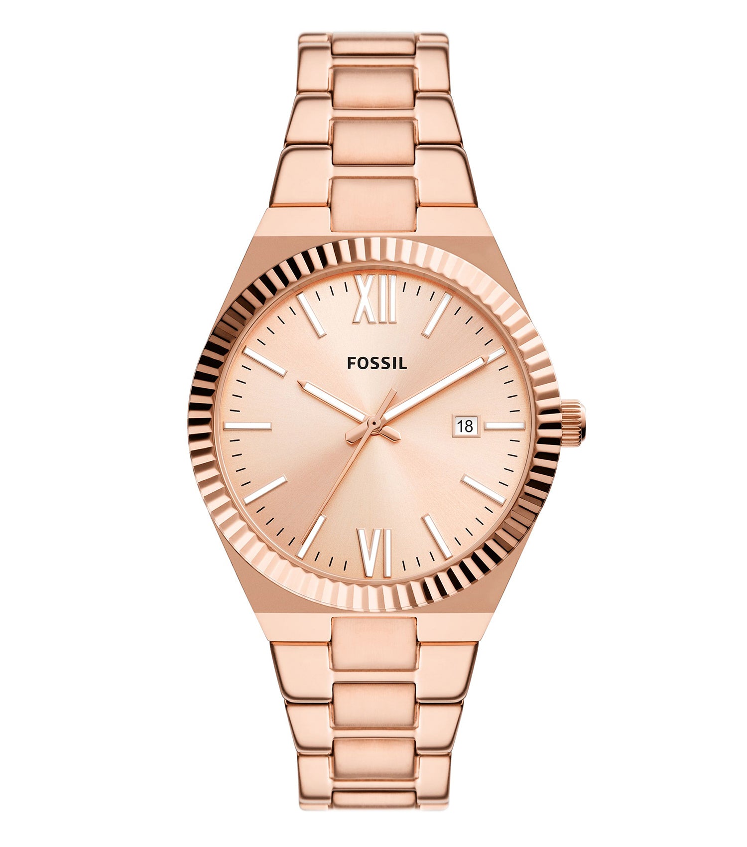 Fossil Scarlette watch, vibrant red color, top-angle view showcasing sleek design and elegant face on white background.