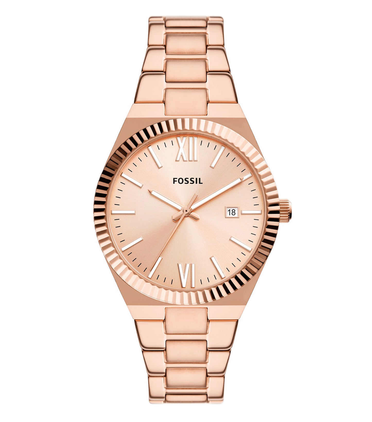 Fossil Scarlette watch, vibrant red color, top-angle view showcasing sleek design and elegant face on white background.