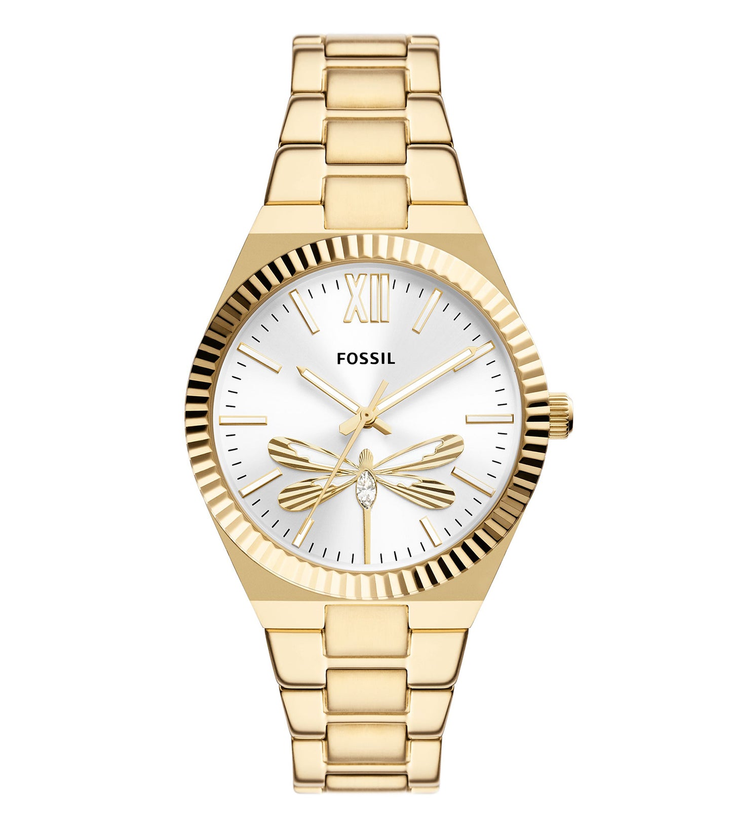 Fossil Scarlette watch, front angle, red leather strap, silver case, minimalist dial, highlighting elegance in design.