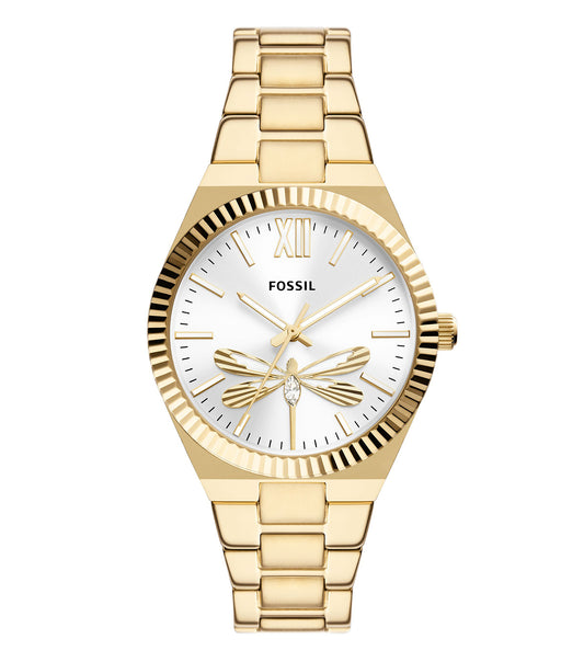 Fossil Scarlette watch, front angle, red leather strap, silver case, minimalist dial, highlighting elegance in design.