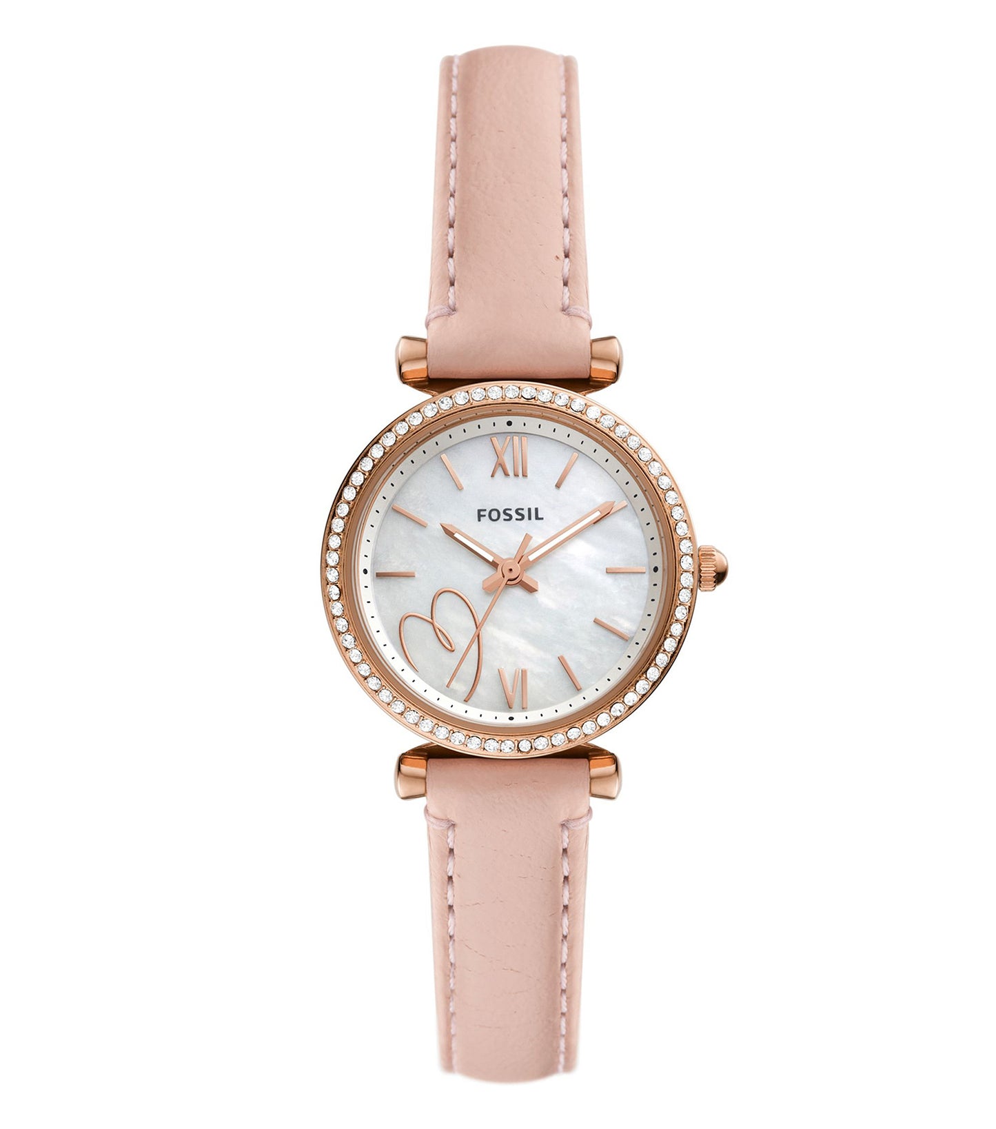 Fossil quartz watch in warm color, featuring elegant rose gold tones, front angle, showcasing detailed craftsmanship.