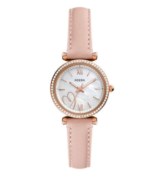Fossil quartz watch in warm color, featuring elegant rose gold tones, front angle, showcasing detailed craftsmanship.