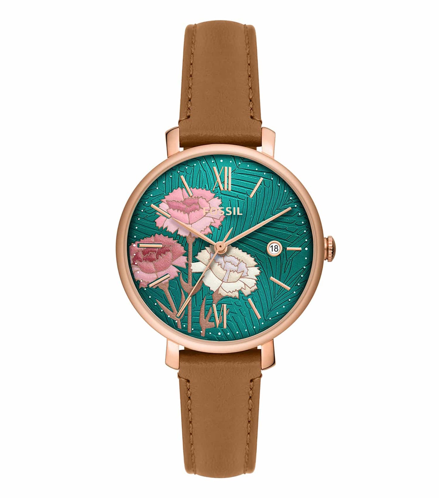 Elegant Fossil quartz watch in beige, front view showcasing slim round face, sleek leather strap, and polished metal edging.
