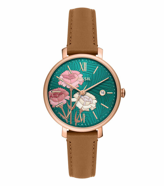 Elegant Fossil quartz watch in beige, front view showcasing slim round face, sleek leather strap, and polished metal edging.