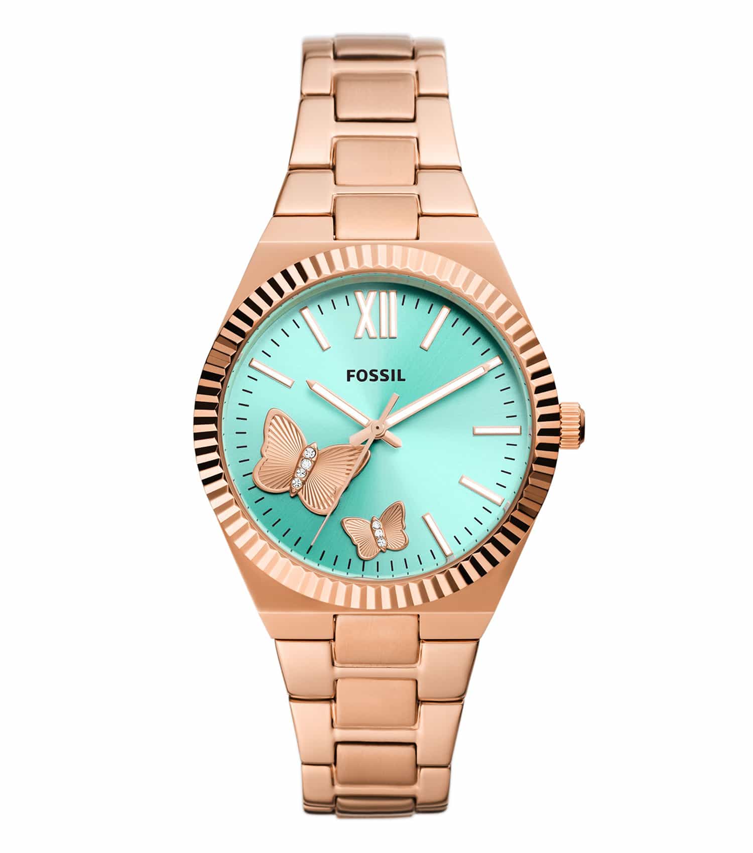 Fossil Scarlette watch in vibrant red, dynamic side-angle view showcases elegant design and premium craftsmanship.