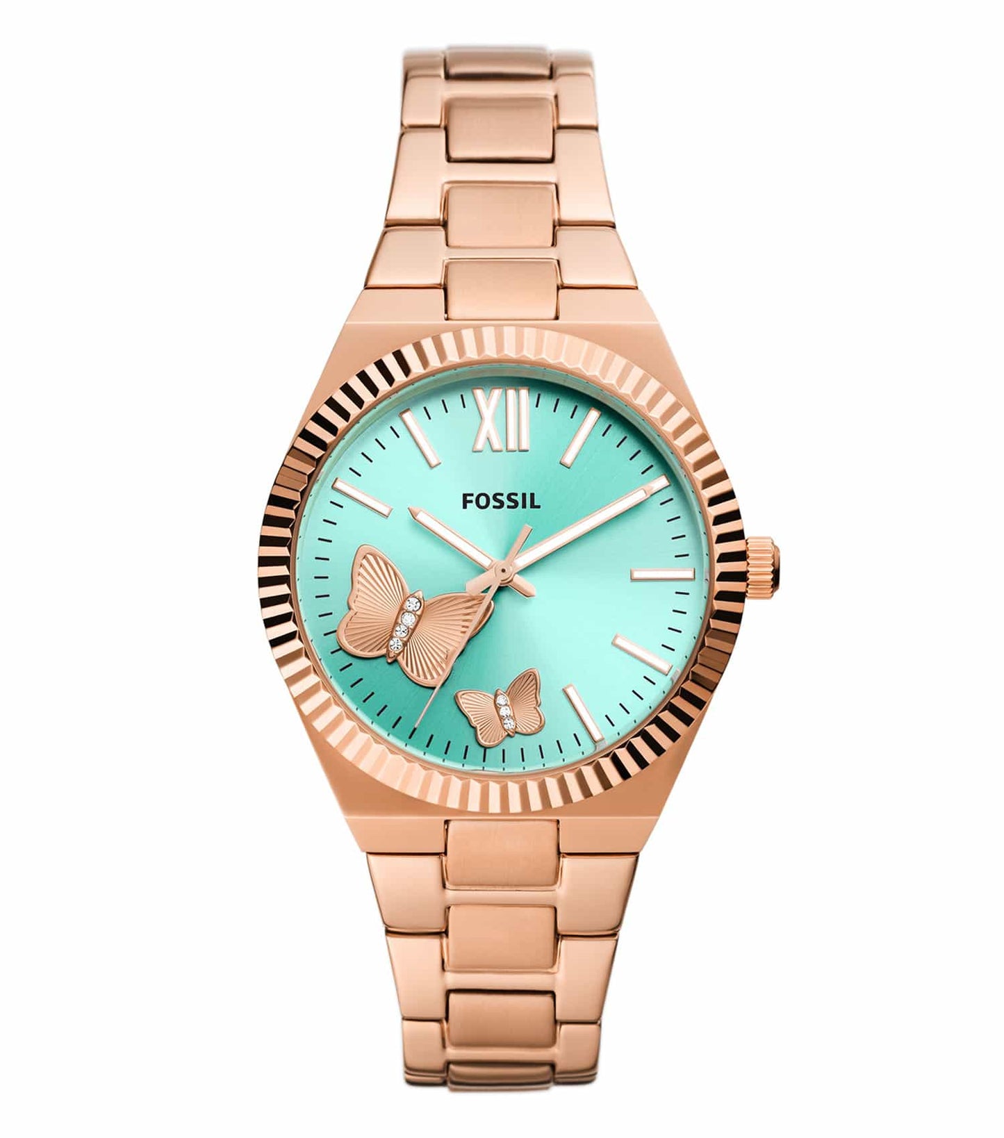 Fossil Scarlette watch in vibrant red, dynamic side-angle view showcases elegant design and premium craftsmanship.