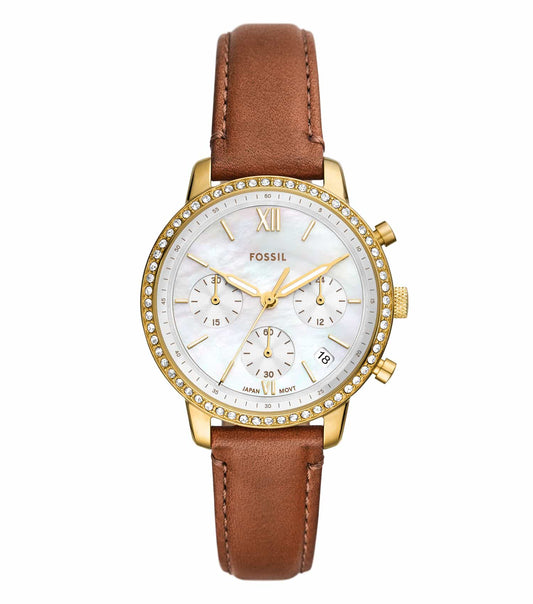Fossil Quartz Watch - ES5278 in stunning light brown leather, elegant silver dial with front-angle view showcasing modern design.
