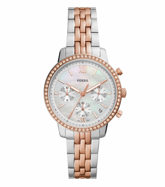 Fossil Neutra Chronograph Watch in warm tan leather, stainless steel casing; side angle showcasing elegant design and detailed dials.