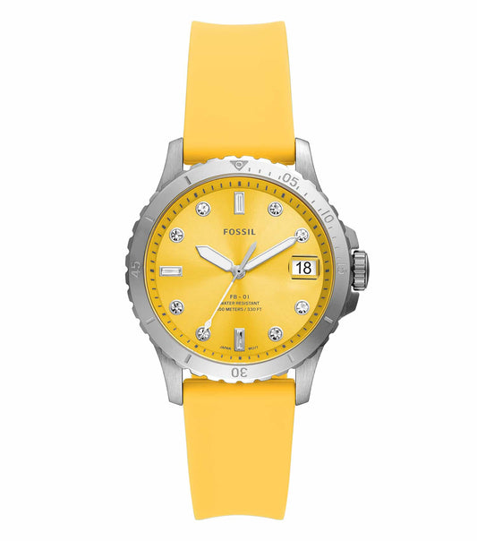 Fossil watch in natural color, elegant round face, stainless steel mesh band; side angle showcases the stylish minimalist design.