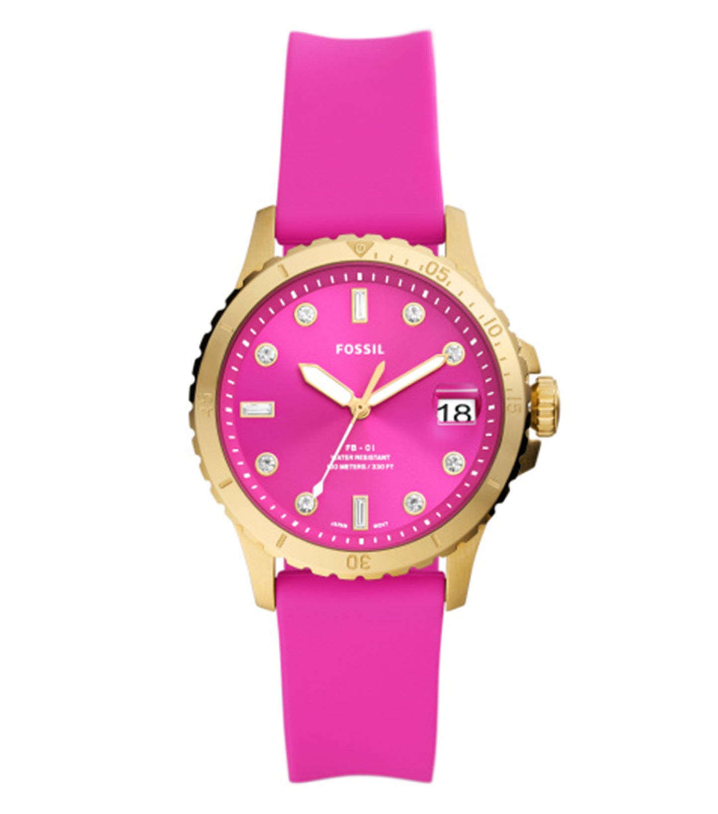 Fossil watch in rose gold tone, face-up angle, showcasing its elegant design and minimalist dial against a soft fabric background.
