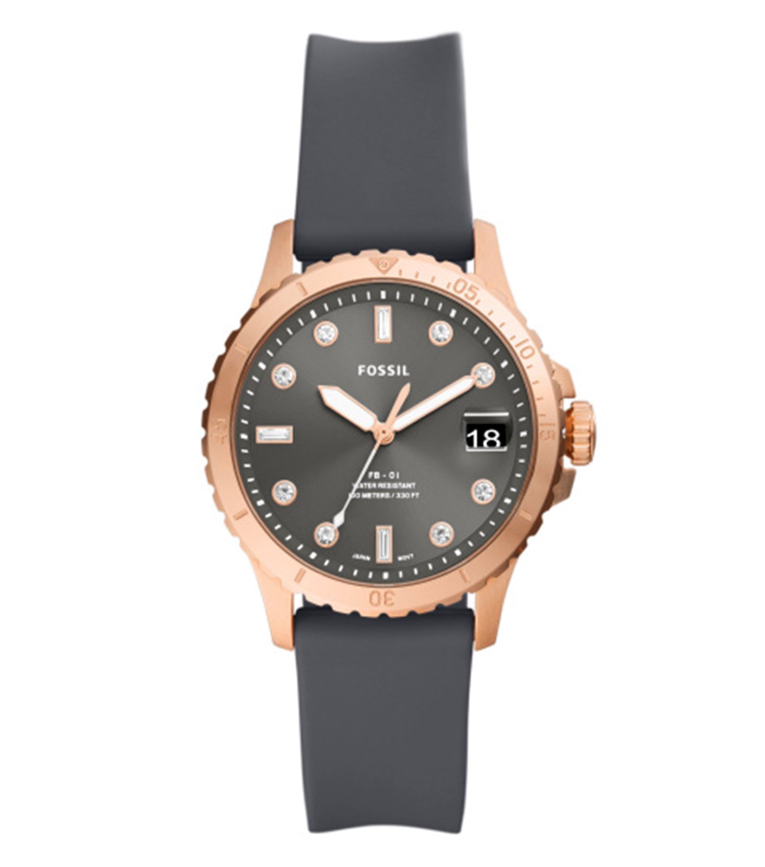 Fossil watch with a minimalist pink gold-tone finish, photographed from an angled top view, showcasing its elegant round dial and stainless steel bracelet.